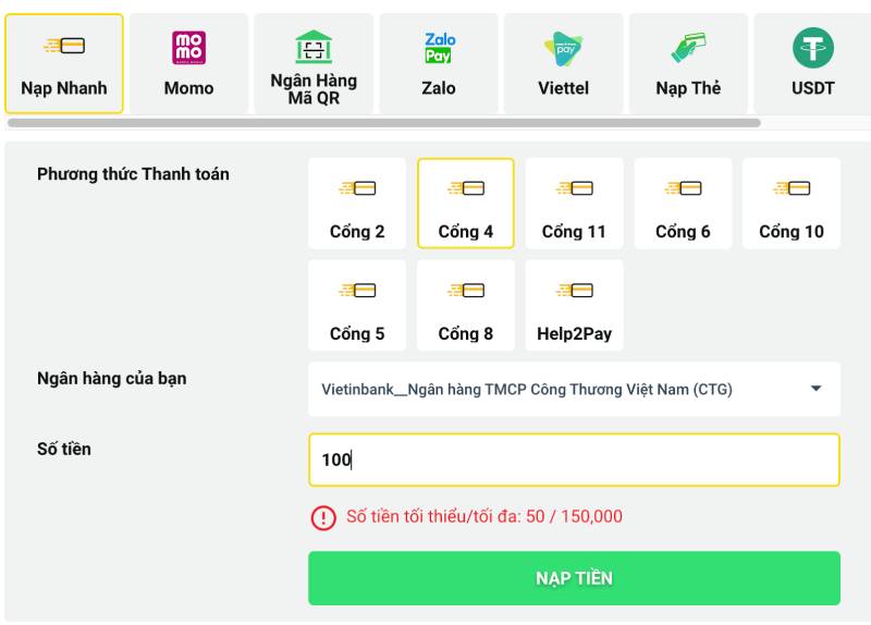 Hướng Dẫn Chi Tiết Nạp Tiền BetVisa Nhiều Phương Thức 2 Nạp tiền nhanh