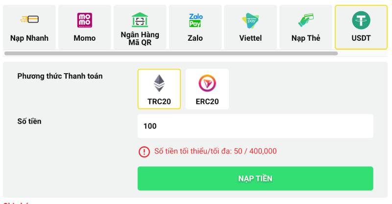 Hướng Dẫn Chi Tiết Nạp Tiền BetVisa Nhiều Phương Thức 7 Nạp tiền qua USDT
